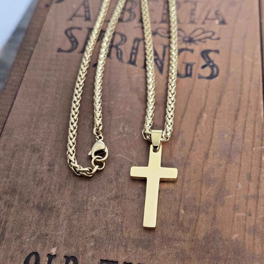 Boys 14K Plated Gold Cross Pendant with Wheat Chain Necklace